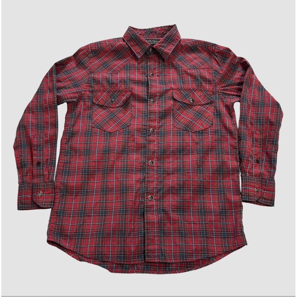Montage Collection Boys Medium Black Snap Red Plaid Western Shirt Long Sleeve